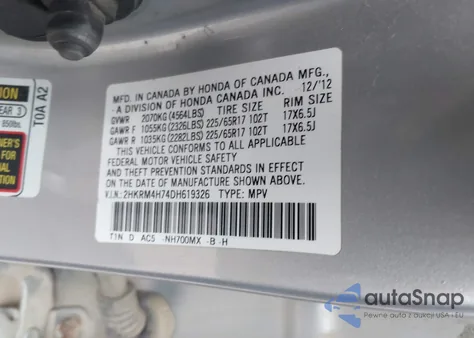 2013 Honda Cr-V Ex-L from USA, damaged, VIN 2HKRM4H74DH619326